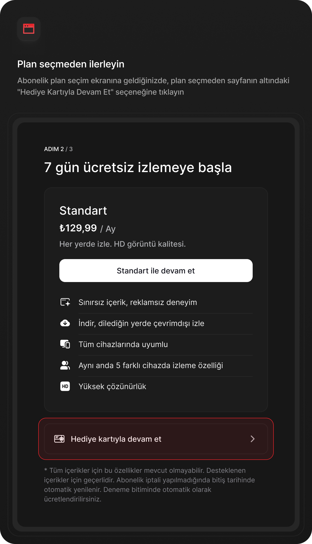 Hediye kartı kullanımı adım 1