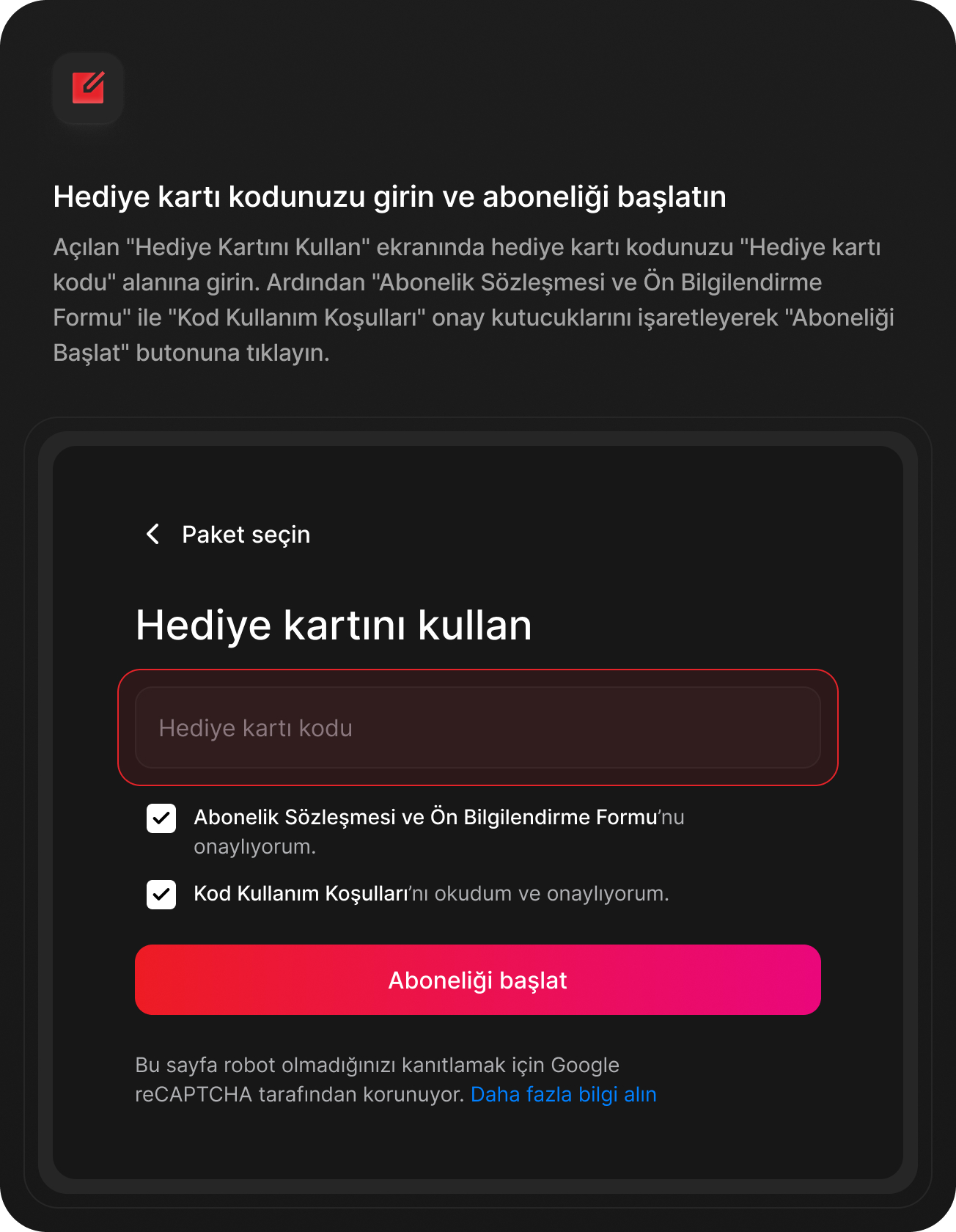 Hediye kartı kullanımı adım 2
