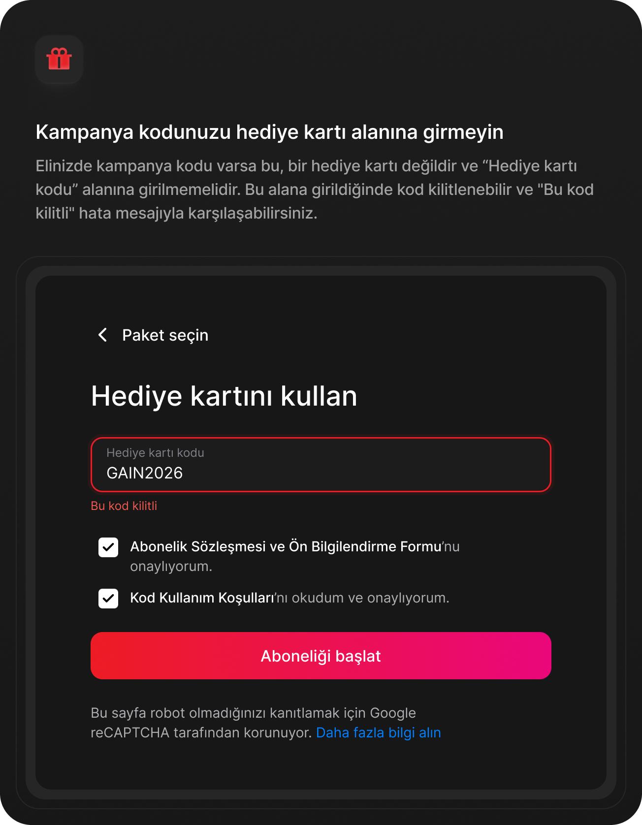 Hediye kartı kullanımı adım 3