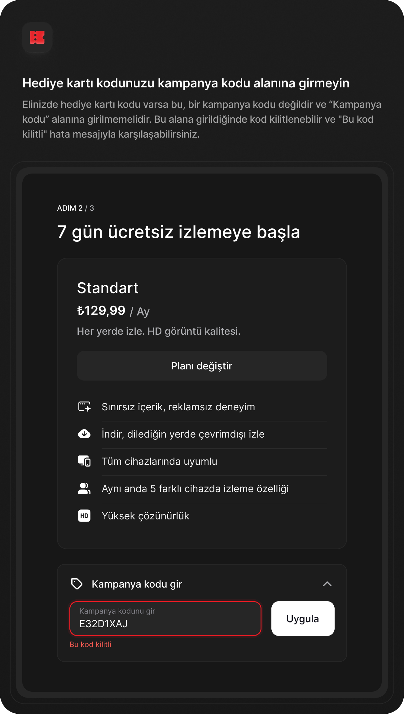 Promosyon kodu kullanımı adım 2